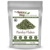 The Spice Way Parsley Flakes bottle closeup for vibrant dish garnish.
