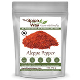 The Spice Way Premium Aleppo Pepper Ground bottle close-up showing bright powder and quality packaging