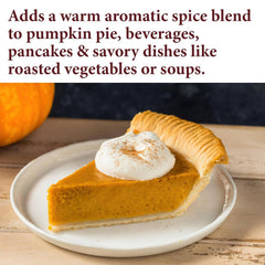 Pour spout image demonstrates easy, even dispensing of The Spice Way Pumpkin Pie Spice.