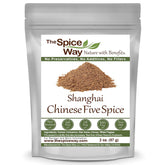 The Spice Way Shanghai Five Spice bottle on a wooden board, ideal for enhancing meats and rice.