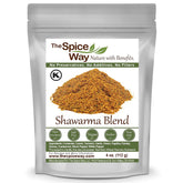 The Spice Way Shawarma blend jar on a shelf boosts Middle Eastern flavor.