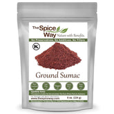 The Spice Way sumac powder bottle closeup shows a tangy, salt-free seasoning option.