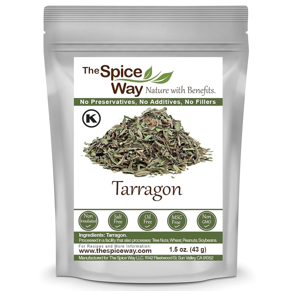 The Spice Way Tarragon Leaves bottle closeup, premium dried herb for flavorful French sauces.