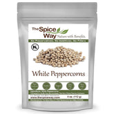 The Spice Way white peppercorns in a jar ready for seasoning.