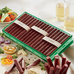 The Swiss Colony wild game sticks highlight juicy pork-beef blend for savory snacking.