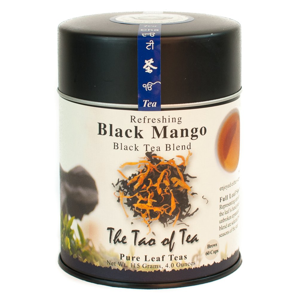The Tao of Tea Black Mango tin packaging shows premium loose leaf tea.