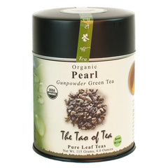 The Tao of Tea Pearl Green Tea loose leaves in a tin for a crisp morning brew