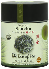 The Tao of Tea Sencha loose leaf in tin showcases premium organic leaves.