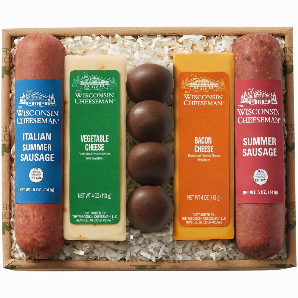 The Wisconsin Cheeseman 5-Piece Delights gift box shown, ideal for entertaining.