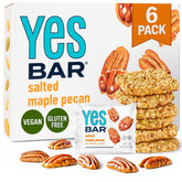 The YES Bar Salted Maple Pecan close-up highlighting maple, nuts, and chewy texture for a satisfying energy snack.
