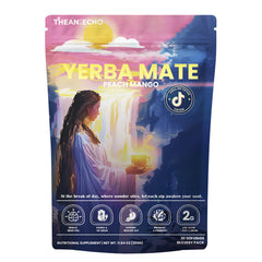 THEANECHO Yerba Mate Peach Mango Tea packaging highlights organic, low-sugar formula.