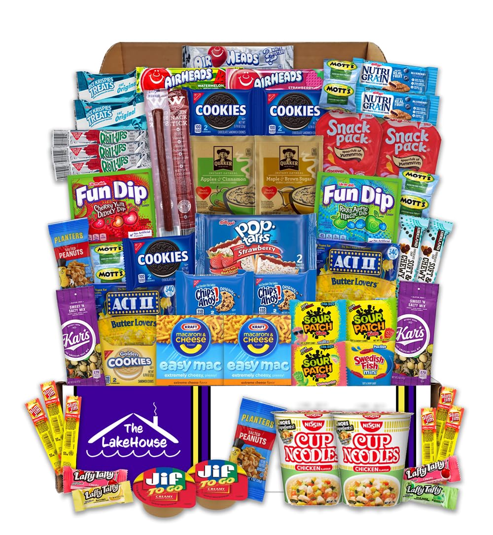 The LakeHouse college snack box 56-count shown for dorm room snacking