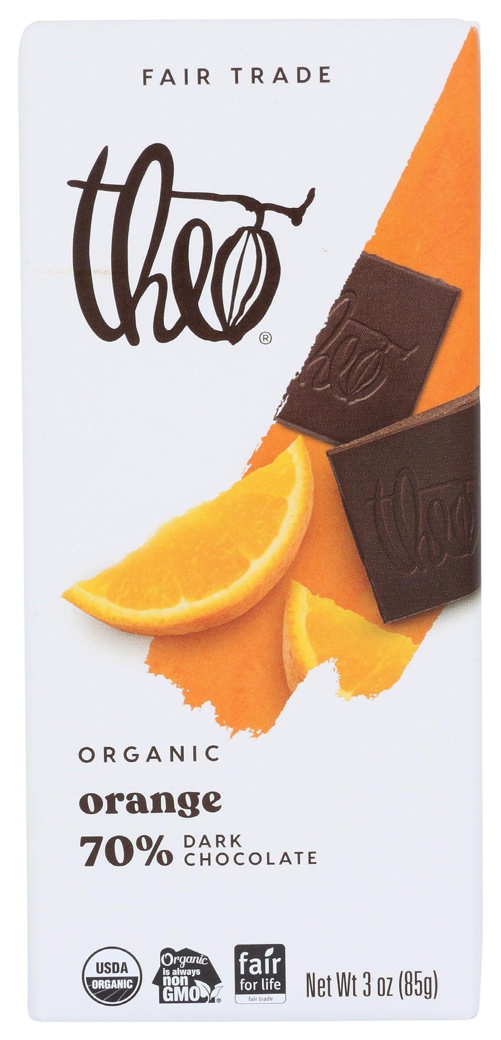 THEO orange-organic-dark-chocolate-bar wrapped for premium vegan snacking