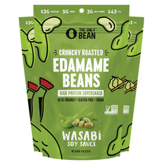 The Only Bean Edamame dry roasted wasabi soy sauce bag, ready for on-the-go snacking.