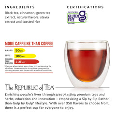 The Republic of Tea HiCAF Cinnamon Toast label closeup highlights ingredients and bold flavor.