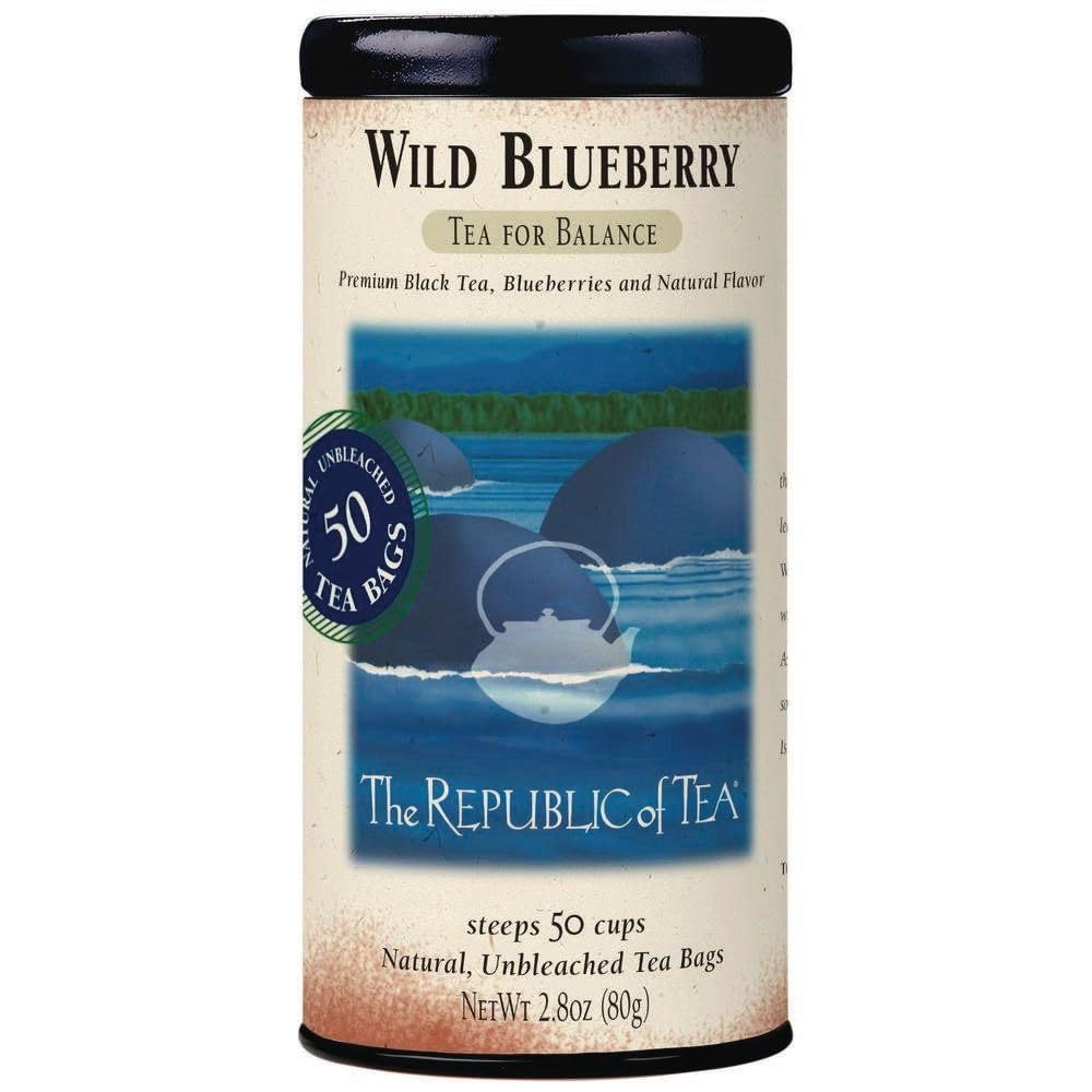 The Republic of Tea Wild Blueberry Tea tin with front label, ideal for gifting.