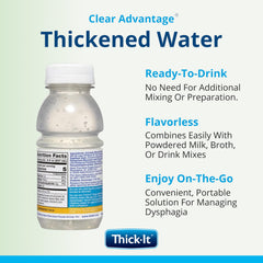 Close-up of Thick-It Clear Advantage bottle emphasizing flavorless thickened water.