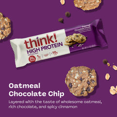 Closeup of Think! bar with chocolate chips highlighting texture.