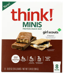 Think! Bar Minis Girl Sct Smore packaging highlights premium ingredients for convenient snacking.