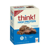 Think Brownie Crunch packaging showing gluten-free sugar-free protein snack on the go