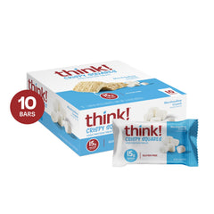 Think High Protein Crispy Squares 10-pack display showing gluten-free snack