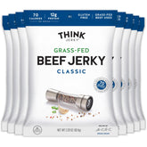Think Jerky Classic Beef Jerky bag highlighting pasture-raised beef for a high-protein snack.