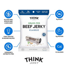 Think Jerky gluten-free, antibiotic-free jerky label promoting clean ingredients.