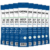 Think Jerky Original Beef Sticks packaging shows gluten-free, nitrate-free protein.