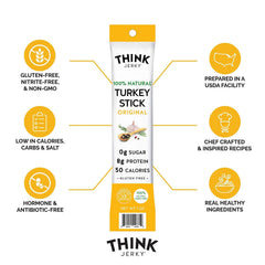 Think Jerky turkey sticks close-up jerky texture emphasizes high-protein, low sugar snack.