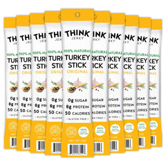 Think Jerky turkey sticks packaging showing convenient single-serve snack for travel.