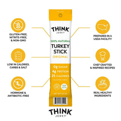 Think Jerky turkey sticks on pantry shelf highlighting gluten-free and nitrate-free ingredients.