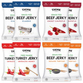 Think Jerky variety-pack 1oz bags for quick, portable beef and turkey jerky snacking.