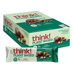 Think! Sea Salt Almond Chocolate bar packaging highlights a high-protein vegan snack for on-the-go energy.