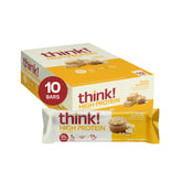 think! Banana Oat Muffin protein bar packaging highlights gluten-free, high-fiber snack on the go.