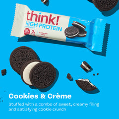 Think! Cookies and Créme bar features creamy milk flavor with chocolate cookie crunch.