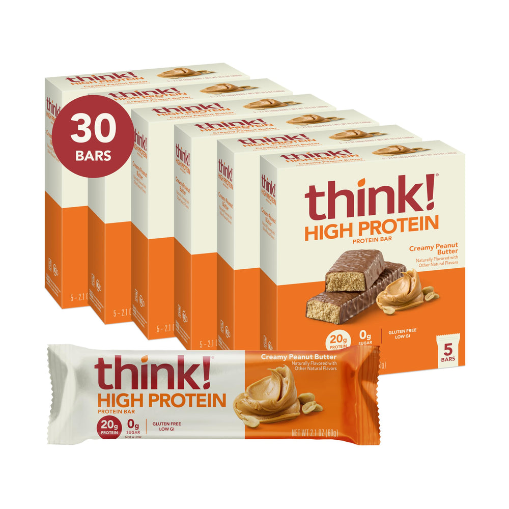 Think! Creamy Peanut Butter bars in packaging highlight grab-and-go protein for busy days.