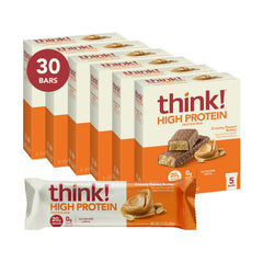 Think! Creamy Peanut Butter bars in packaging highlight grab-and-go protein for busy days.