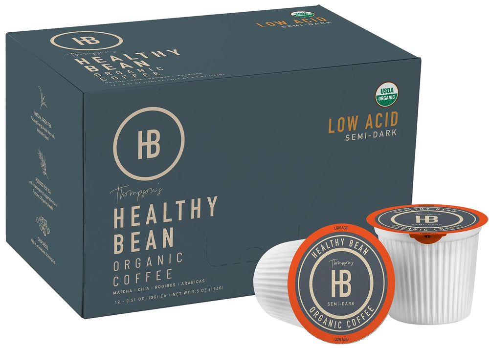 Thompson's Healthy Bean Low Acid Pods pack front, 12-pack for daily, stomach-friendly coffee.