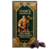 Thor's Chocolate artisan dark bar 70% packshot emphasizes premium packaging and craftsmanship.