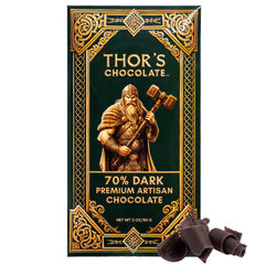 Thor's Chocolate artisan dark bar 70% packshot emphasizes premium packaging and craftsmanship.