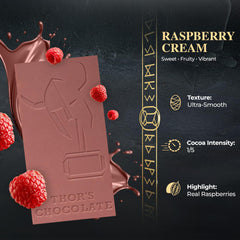 Ingredients panel shows real cocoa butter and raspberries for premium flavor.