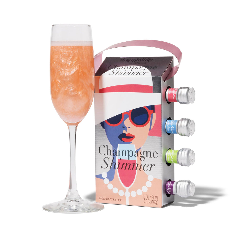 Thoughtfully cocktails champagne shimmer bottle pour adds sparkle to a celebration.