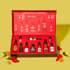 Thoughtfully Hot Sauce Challenge progressive spice range showcases escalating heat for wings and pizzas.