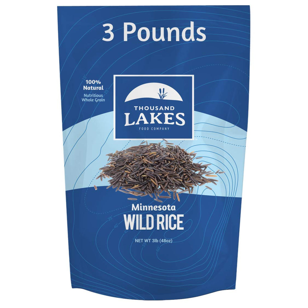 Thousand Lakes wild rice bulk pouch visible in kitchen for meal prep
