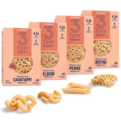 Three Farm Daughters high fiber pasta variety pack box on shelf, ideal for a fiber-rich pantry.