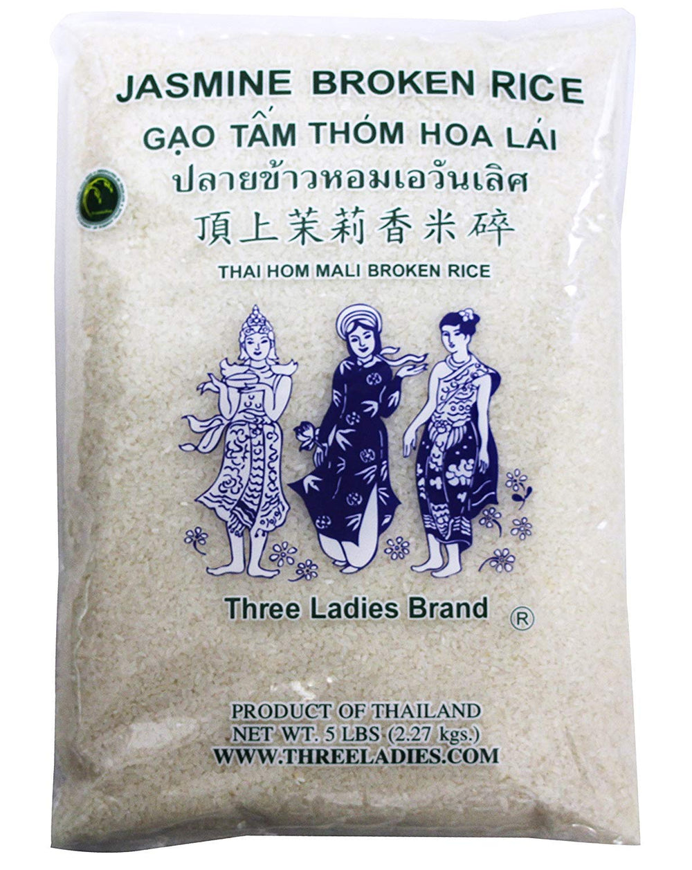 Three Ladies Jasmine Broken Rice pack front showing 5 lb bag for pantry meals.