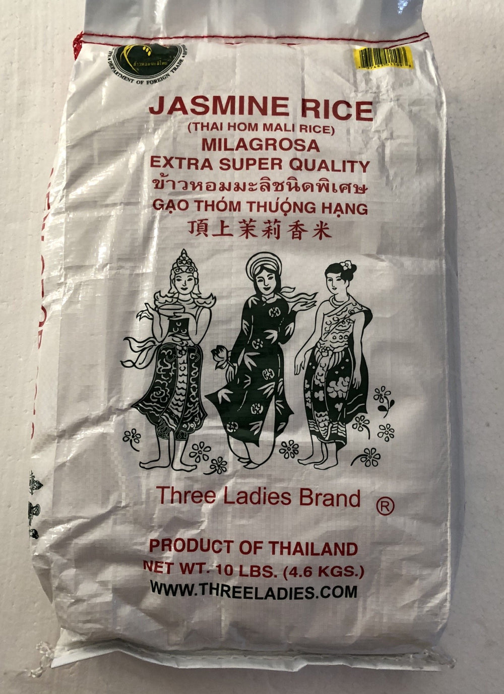 Three Ladies Jasmine Rice 10lb bag showing premium long-grain quality for cooking.