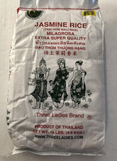Three Ladies Jasmine Rice 10lb bag showing premium long-grain quality for cooking.