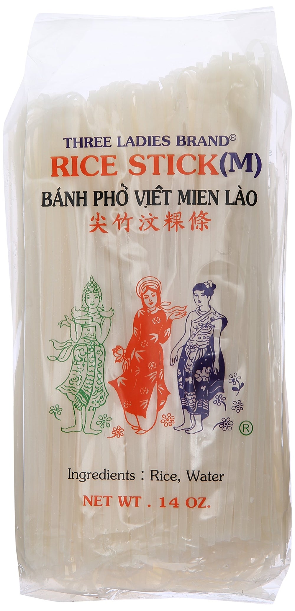 Three Ladies Rice Stick 14 oz packaging, easy to store and use in quick meals.