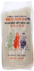 Three Ladies Rice Stick 14 oz packaging, easy to store and use in quick meals.